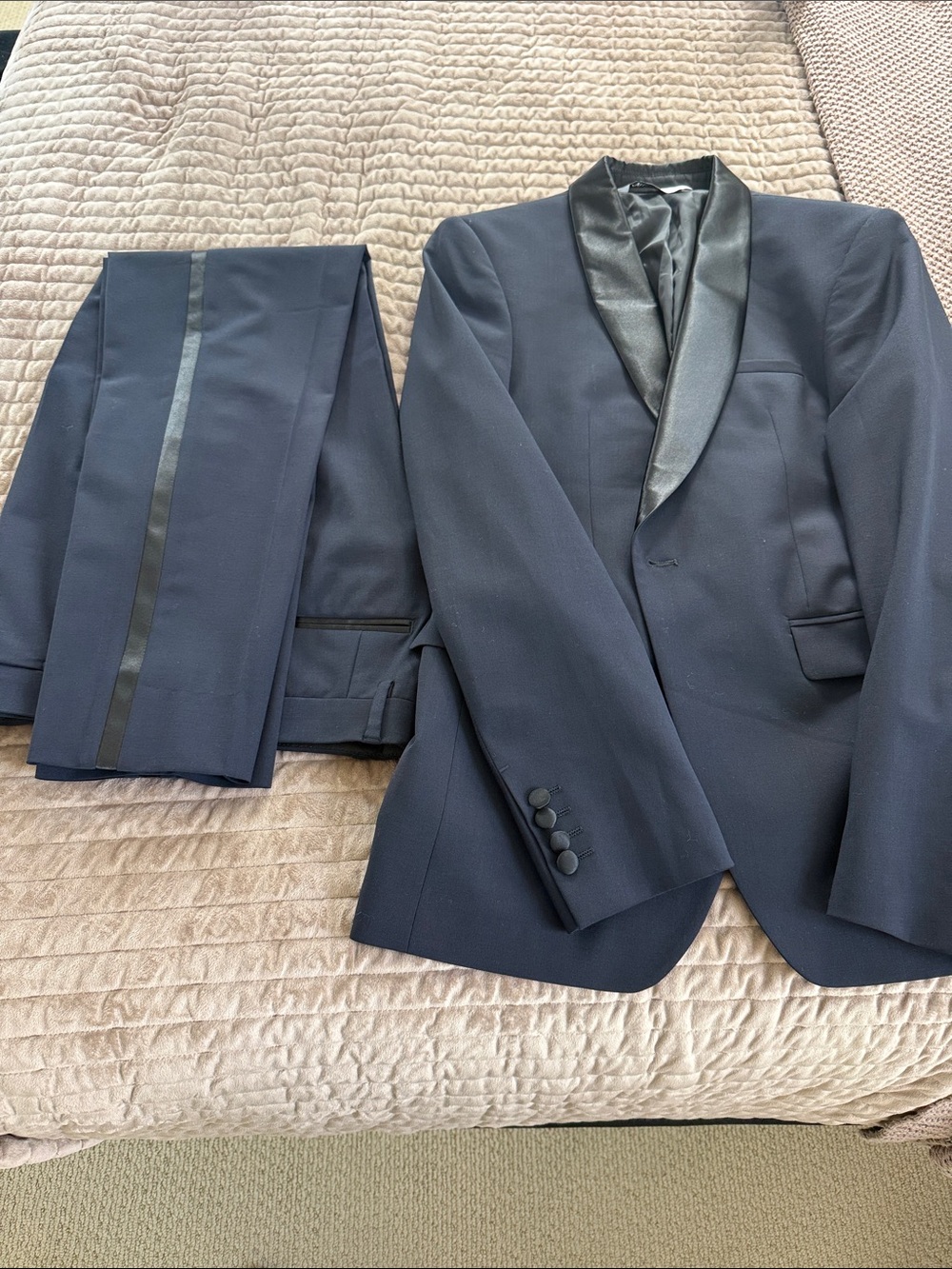 Zara Navy Tuxedo Jacket and Pants with Satin Trim